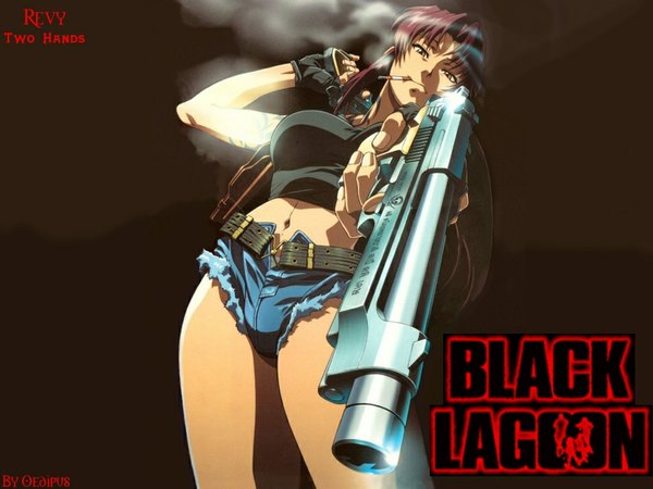 Anime picture 1024x768 with black lagoon madhouse revy (black lagoon) ponytail tattoo smoking brown background gloves shorts gun cigarette