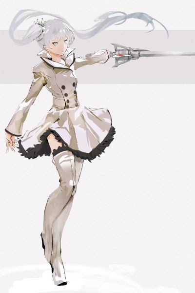 Anime picture 800x1200 with rwby rooster teeth weiss schnee so-bin single long hair tall image fringe simple background standing looking away silver hair full body bent knee (knees) outstretched arm side ponytail standing on one leg silver eyes girl weapon