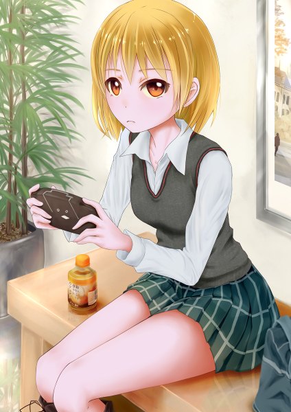 Anime picture 848x1200 with original konkito single tall image looking at viewer short hair blonde hair sitting orange eyes girl skirt uniform plant (plants) school uniform psp