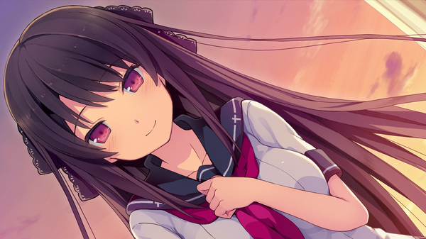 Anime picture 1280x720 with ao no kanata no four rhythm sprite (company) tobisawa misaki akinashi yuu single long hair looking at viewer blush fringe black hair wide image purple eyes sky cloud (clouds) outdoors light smile wind hand on chest evening portrait