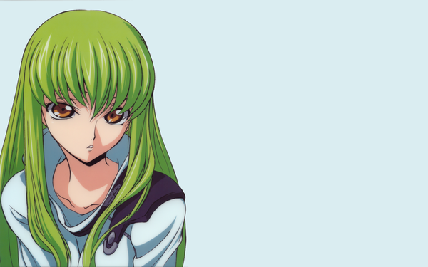Anime picture 2560x1600 with code geass sunrise (studio) c.c. single long hair looking at viewer fringe highres wide image yellow eyes green hair blue background girl