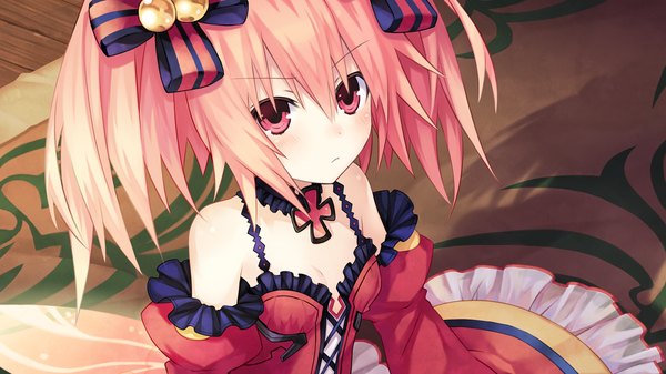 Anime picture 1280x720 with fairy fencer f eryn (fairy fencer f) tsunako single looking at viewer blush short hair wide image sitting twintails bare shoulders pink hair game cg pink eyes short twintails frown girl dress hair ornament detached sleeves