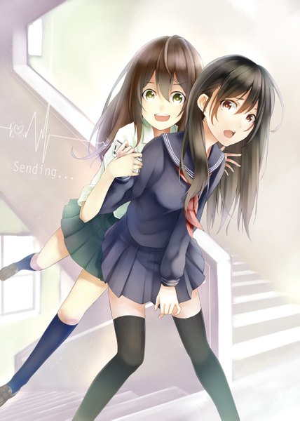 Anime picture 1000x1403 with retsuna long hair tall image looking at viewer open mouth black hair red eyes multiple girls green eyes girl thighhighs skirt black thighhighs 2 girls miniskirt shirt socks serafuku black socks phone