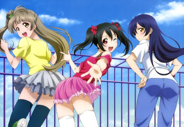 Anime picture 5913x4085 with love live! school idol project sunrise (studio) love live! nyantype yazawa nico minami kotori sonoda umi long hair blush highres short hair open mouth black hair red eyes brown hair twintails multiple girls brown eyes blue hair absurdres