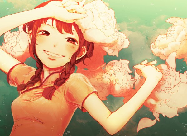 Anime picture 1061x778 with original nishio single long hair blush smile brown hair brown eyes braid (braids) traditional clothes twin braids chinese clothes girl flower (flowers) peony