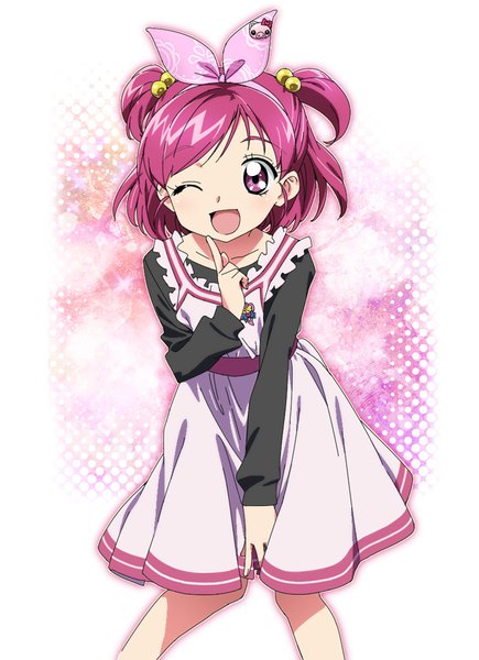 Anime picture 696x960 with precure yes! precure 5 toei animation yumehara nozomi tonbi single tall image looking at viewer short hair open mouth purple eyes purple hair one eye closed two side up ;d girl dress bow hair bow
