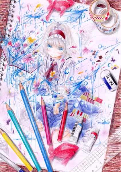 Anime picture 1125x1600 with touhou alice margatroid darkkanan single tall image looking at viewer blush fringe short hair blue eyes sitting full body blunt bangs from above grey hair magic traditional media colored pencil (medium) girl flower (flowers)