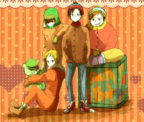 Anime picture 1133x963 with happy tree friends south park flippy eric theodore cartman kenny mccormick kyle broflovski stanley randall marsh noeko short hair blue eyes black hair blonde hair brown hair sitting brown eyes green eyes red hair grin hands in pockets personification