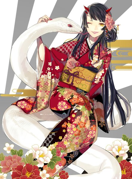 Anime picture 1171x1590 with original vient single long hair tall image black hair yellow eyes japanese clothes one eye closed horn (horns) wink girl hair ornament flower (flowers) kimono obi snake