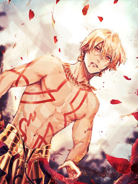 Anime picture 600x800 with fate (series) fate/grand order gilgamesh (fate) saryo single tall image fringe short hair blonde hair hair between eyes red eyes parted lips wind tattoo topless boy earrings petals armor blood