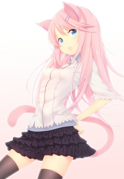 Anime picture 767x1100 with original zizi (zz22) single long hair tall image looking at viewer blush open mouth blue eyes animal ears pink hair tail animal tail cat ears cat tail zettai ryouiki hands on hips girl thighhighs skirt