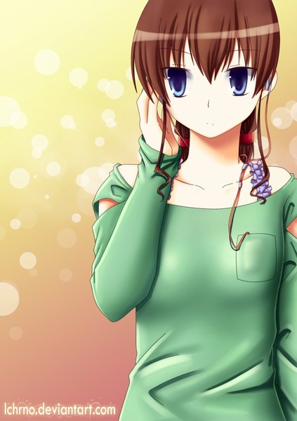 Anime picture 1300x1842 with lchrno single long hair tall image blue eyes brown hair signed looking away girl clothes