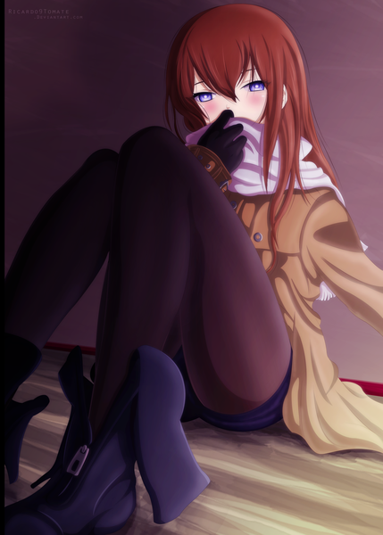 Anime picture 2000x2796 with steins;gate white fox makise kurisu ric9duran single long hair tall image blush highres brown hair purple eyes coloring girl gloves pantyhose jacket scarf