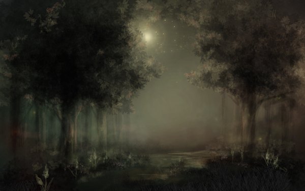 Anime picture 1680x1050 with original yun laurant wide image night no people landscape nature plant (plants) tree (trees) moon forest swamp