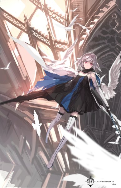 Anime picture 1800x2783 with original pixiv fantasia pixiv fantasia fallen kings paradise (character) swd3e2 single tall image looking at viewer highres short hair white hair pink eyes girl thighhighs dress gloves weapon animal sword elbow gloves