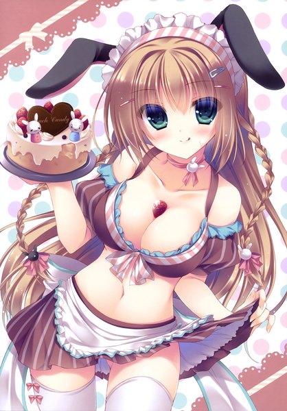 Anime picture 2510x3600 with yukie (peach candy) long hair tall image blush highres breasts blue eyes light erotic smile brown hair animal ears cleavage braid (braids) scan bunny ears bunny girl girl thighhighs skirt navel