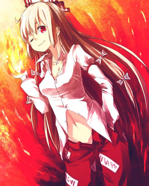 Anime picture 1200x1500 with touhou fujiwara no mokou ibuki notsu single long hair tall image looking at viewer simple background smile red eyes white hair one eye closed wink hand in pocket open pants girl bow hair bow pants flame