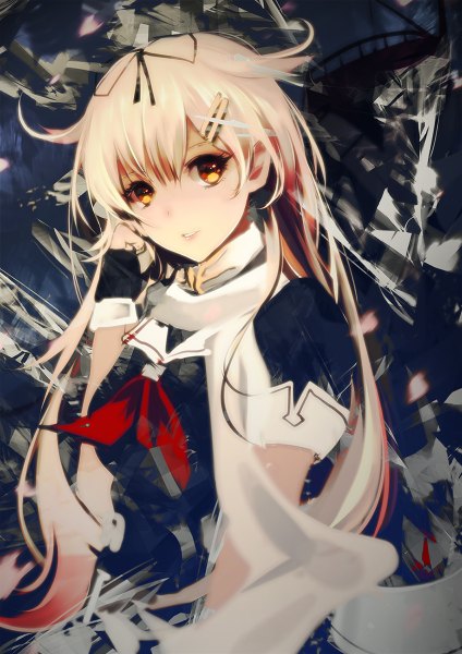Anime picture 848x1200 with kantai collection yuudachi destroyer bba1985 single long hair tall image looking at viewer blush fringe blonde hair hair between eyes orange eyes remodel (kantai collection) girl gloves black gloves scarf fingerless gloves sailor suit
