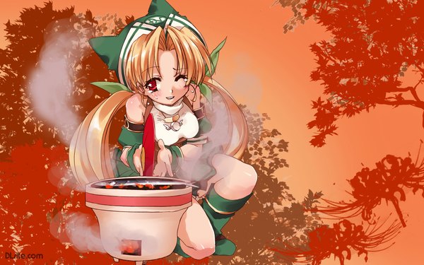 Anime picture 1920x1200 with dlsite.com long hair blush highres blonde hair red eyes wide image twintails one eye closed wink cooking detached sleeves earrings boots jewelry knee boots fish (fishes) fan cap