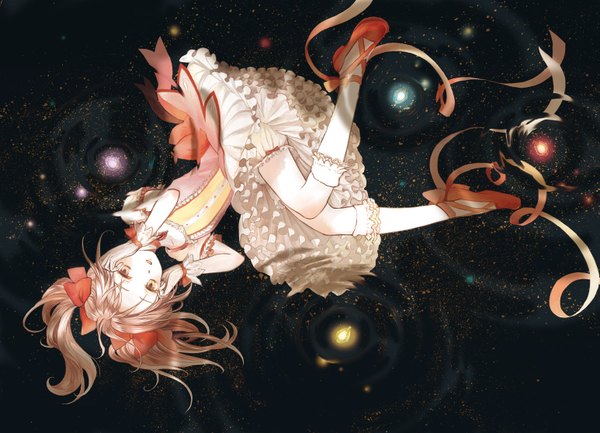 Anime picture 1546x1116 with mahou shoujo madoka magica shaft (studio) kaname madoka sugi (artist) single short hair full body pink eyes frilled dress magical girl weightlessness girl dress gloves ribbon (ribbons) frills galaxy