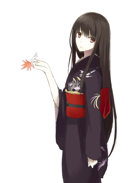 Anime picture 750x1059 with original kauto single long hair tall image looking at viewer fringe black hair simple background white background holding brown eyes traditional clothes japanese clothes girl leaf (leaves) obi yukata autumn leaves maple leaf