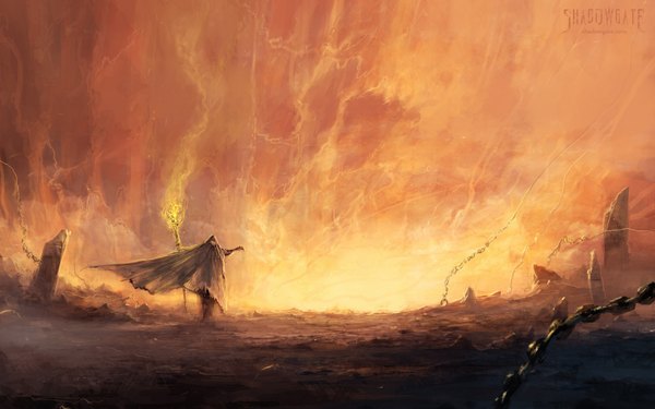Anime picture 1920x1200 with shadowgate chris cold single highres wide image signed text magic fantasy ambiguous gender chain cloak staff fire stone (stones)