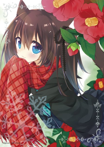 Anime picture 1100x1545 with original mao (alepricos) single long hair tall image looking at viewer blush blue eyes black hair animal ears girl skirt flower (flowers) ribbon (ribbons) hair ribbon scarf snowflake (snowflakes) plaid scarf