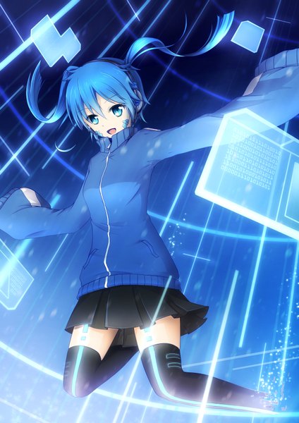 Anime picture 1240x1754 with kagerou project shaft (studio) ene (kagerou project) asakurashinji single long hair tall image open mouth blue eyes smile twintails blue hair pleated skirt spread arms girl thighhighs skirt black thighhighs headphones sweater