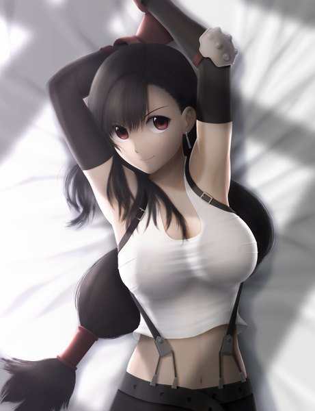 Anime picture 1000x1300 with final fantasy square enix tifa lockhart siraha single long hair tall image looking at viewer black hair red eyes arms up 3d girl gloves navel elbow gloves crop top suspenders tank top buckles