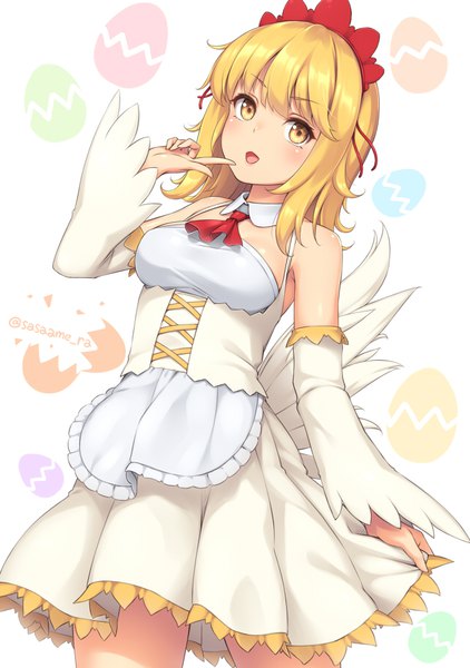 Anime picture 640x910 with original sasaame single tall image blush fringe short hair open mouth blonde hair white background bare shoulders yellow eyes finger to mouth girl detached sleeves headdress maid headdress apron