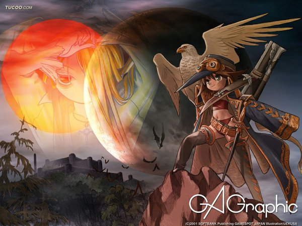 Anime picture 1024x768 with gagraphic uekusa long hair short hair brown hair standing multiple girls green eyes signed looking away outdoors copyright name flat chest sheathed animal on shoulder bird on shoulder girl navel weapon 2 girls