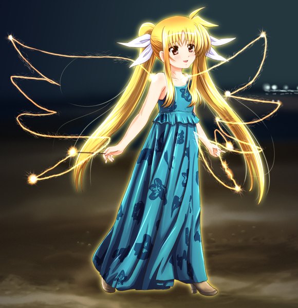 Anime picture 1018x1052 with mahou shoujo lyrical nanoha fate testarossa diesel-turbo single long hair tall image red eyes twintails loli magic girl dress wings