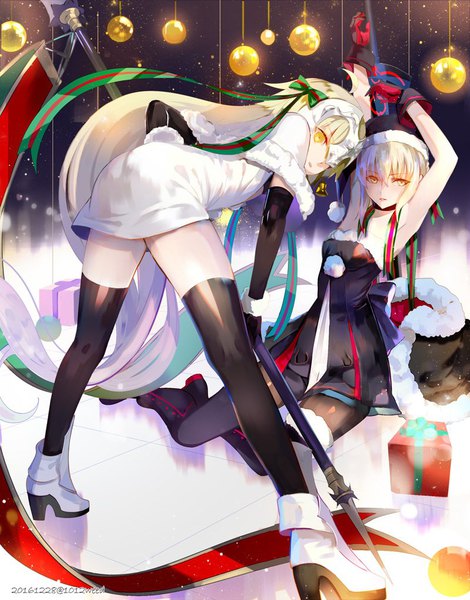 Anime picture 800x1020 with fate (series) fate/grand order artoria pendragon (all) jeanne d'arc (fate) (all) jeanne d'arc alter santa lily (fate) santa alter astarone long hair tall image looking at viewer fringe short hair light erotic blonde hair hair between eyes multiple girls holding yellow eyes ass looking back