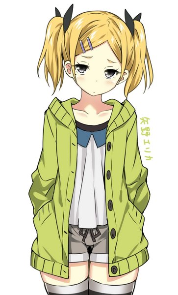 Anime picture 1000x1653 with shirobako p.a. works yano erika sky-freedom single tall image looking at viewer blush short hair blonde hair twintails grey eyes zettai ryouiki hands in pockets girl thighhighs hair ornament ribbon (ribbons) hair ribbon shorts