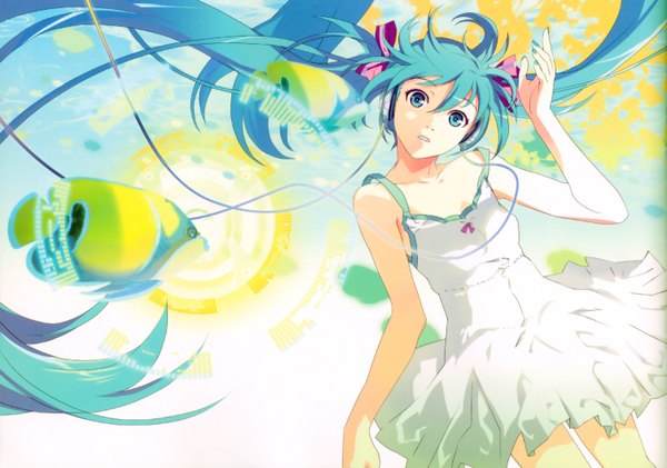 Anime picture 3008x2112 with vocaloid hatsune miku 119 single long hair looking at viewer fringe highres blue eyes hair between eyes twintails ahoge parted lips head tilt aqua hair floating hair girl dress bow hair bow