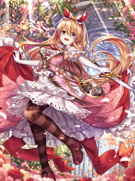 Anime picture 822x1098 with shingeki no bahamut shadowverse alice (shingeki no bahamut) ks single long hair tall image looking at viewer blush fringe open mouth blue eyes blonde hair hair between eyes girl dress gloves flower (flowers) bow weapon