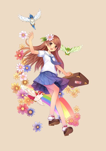 Anime picture 2480x3507 with original tsubasa tsubasa single long hair tall image looking at viewer blush fringe highres open mouth simple background smile brown hair brown eyes full body :d hair flower waving girl skirt