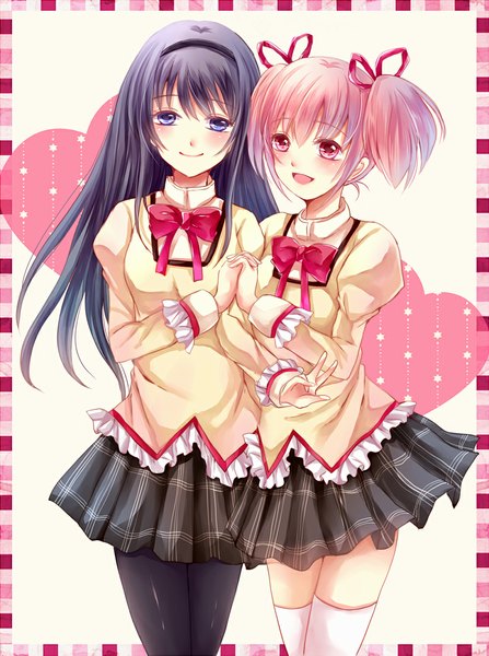 Anime picture 800x1073 with mahou shoujo madoka magica shaft (studio) akemi homura kaname madoka sakura hiyori long hair tall image blush short hair open mouth blue eyes black hair smile twintails multiple girls pink hair pink eyes short twintails girl thighhighs