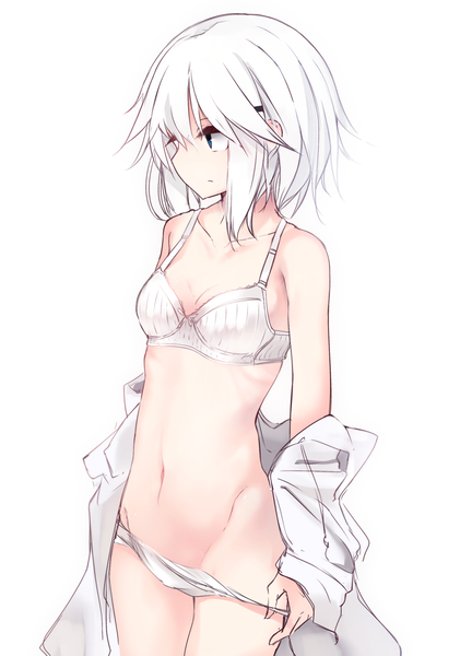 Anime picture 1000x1425 with original ringo-chan (otokuyou) otokuyou single long hair tall image fringe blue eyes light erotic simple background white background bare shoulders looking away white hair open clothes open shirt girl navel underwear panties