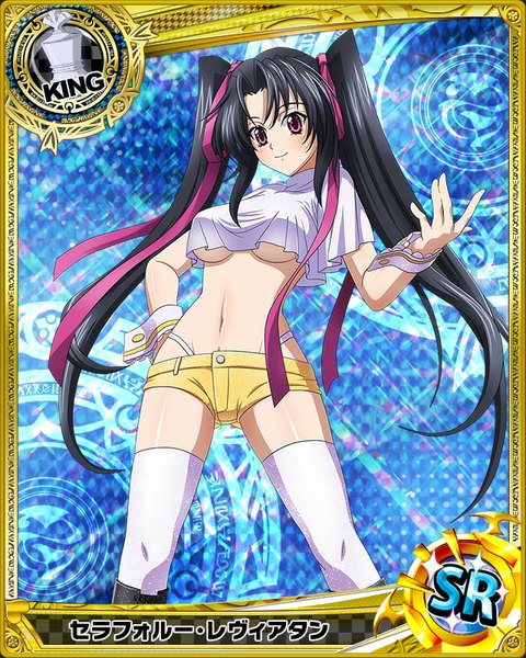 Anime picture 640x800 with highschool dxd serafall leviathan single long hair tall image looking at viewer breasts light erotic black hair purple eyes twintails midriff card (medium) girl thighhighs navel ribbon (ribbons) hair ribbon white thighhighs shorts