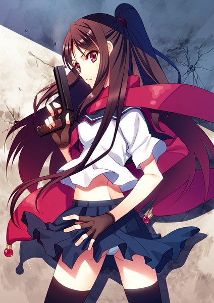 Anime picture 716x1012 with original hoshi ichi single long hair tall image fringe light erotic red eyes brown hair standing holding ponytail pleated skirt looking back sunlight angry girl thighhighs skirt gloves
