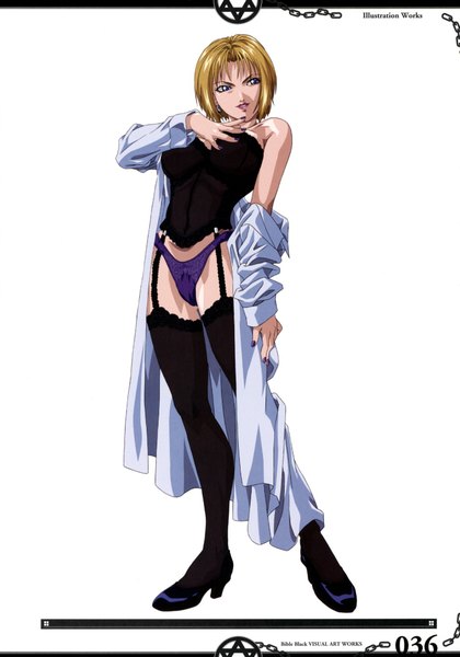 Anime picture 1400x2000 with bible black kitami reika single tall image short hair breasts light erotic blonde hair large breasts white background girl underwear panties shoes open robe