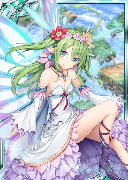 Anime picture 640x896 with shinkai no valkyrie pixie servant (shinkai no valkyrie) akkijin single long hair tall image looking at viewer blush fringe breasts blue eyes smile hair between eyes sitting bare shoulders sky cleavage ahoge bent knee (knees) head tilt