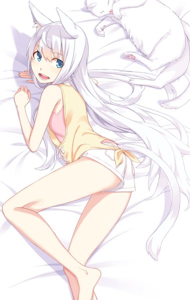 Anime picture 1102x1744 with original kimura (ykimu) single long hair tall image fringe open mouth blue eyes light erotic hair between eyes bare shoulders animal ears looking away white hair tail :d animal tail barefoot from above cat ears