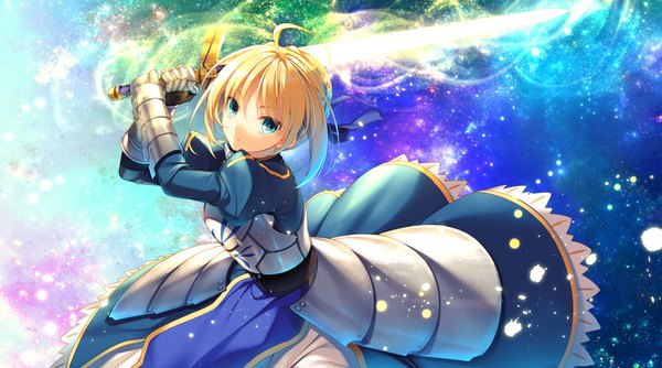 Anime picture 1326x740 with fate (series) fate/stay night artoria pendragon (all) saber toosaka asagi single looking at viewer short hair blue eyes blonde hair wide image girl gloves weapon sword armor armored dress vambraces