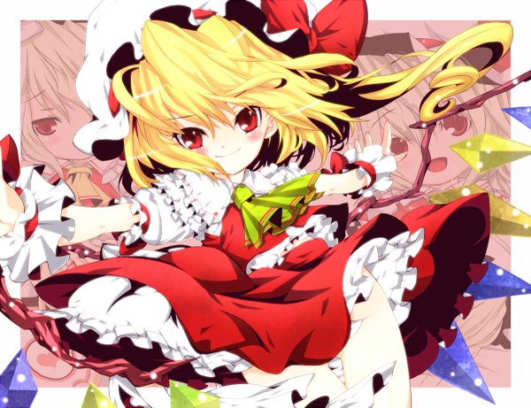 Anime picture 1200x923 with touhou flandre scarlet tm single looking at viewer blush short hair light erotic blonde hair smile red eyes one side up spread arms girl skirt hat wings bonnet skirt set ascot