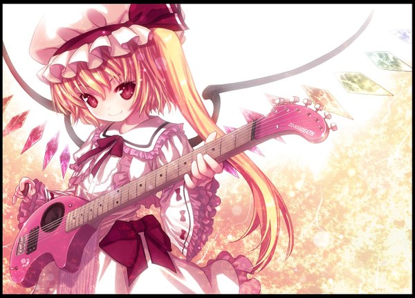 Anime picture 1292x929 with touhou flandre scarlet kiira single long hair blonde hair smile red eyes ponytail side ponytail girl dress bow hat wings frills bonnet crystal guitar