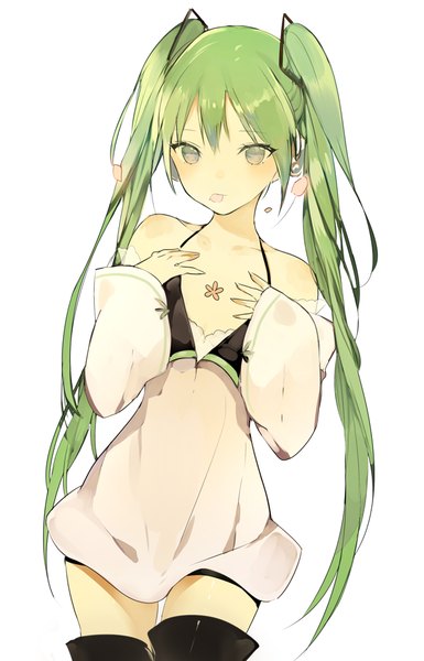 Anime picture 620x966 with vocaloid hatsune miku lpip single long hair tall image looking at viewer fringe breasts simple background white background twintails holding fingernails green hair midriff grey eyes zettai ryouiki mouth hold hand on chest