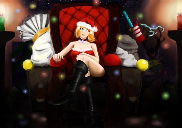 Anime picture 1517x1074 with fulo (artist) single short hair blonde hair sitting fur trim heterochromia crossed legs christmas merry christmas girl boots fur santa claus hat armchair