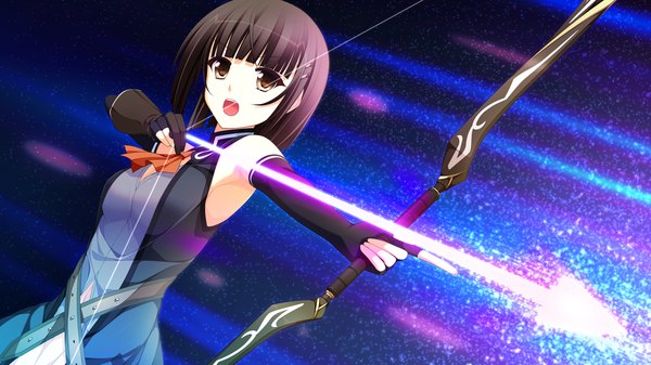 Anime picture 1280x720 with endless dungeon shirasagi miko suzume miku single looking at viewer short hair open mouth black hair wide image brown eyes game cg girl dress gloves weapon fingerless gloves bow (weapon)